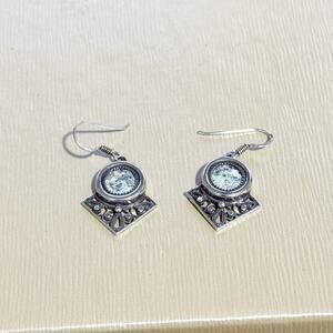 Roman Glass Earrings Vintage Silver Earrings Ornate Filigree Drop Earrings